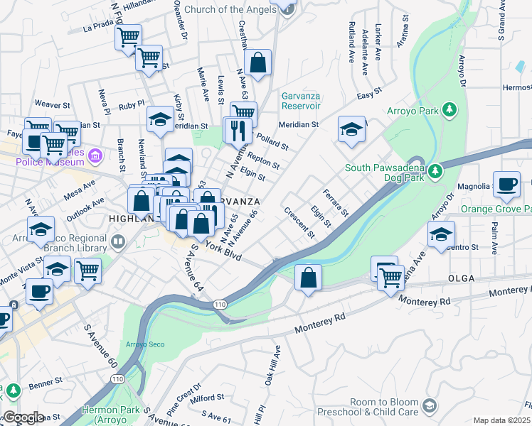 map of restaurants, bars, coffee shops, grocery stores, and more near 322 North Avenue 66 in Los Angeles