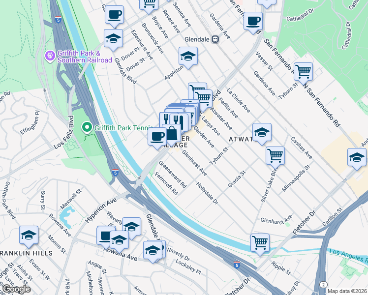map of restaurants, bars, coffee shops, grocery stores, and more near 3522 Madera Avenue in Los Angeles