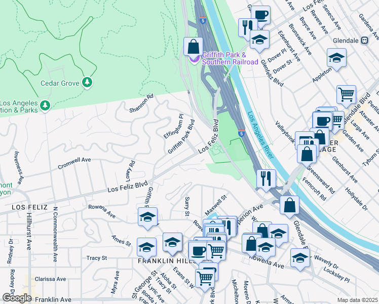 map of restaurants, bars, coffee shops, grocery stores, and more near 3400 Huxley Street in Los Angeles