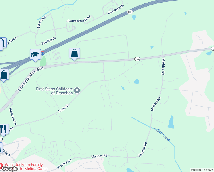 map of restaurants, bars, coffee shops, grocery stores, and more near 543 Traminer Way in Braselton
