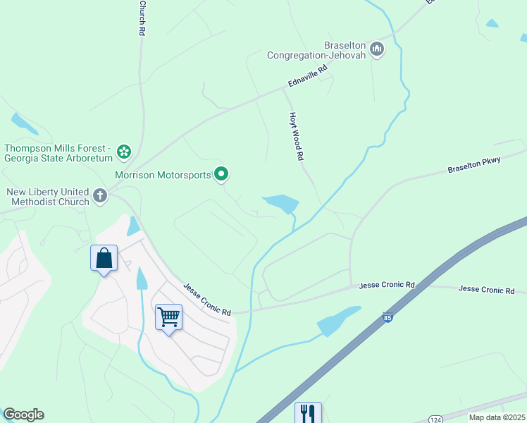 map of restaurants, bars, coffee shops, grocery stores, and more near 459 Fox Creek Drive in Braselton