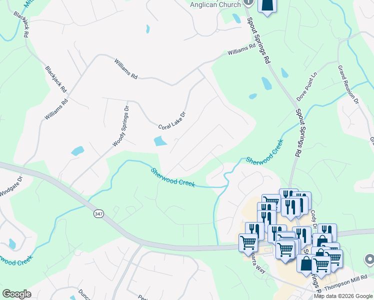 map of restaurants, bars, coffee shops, grocery stores, and more near 7343 Clubcrest Drive in Flowery Branch