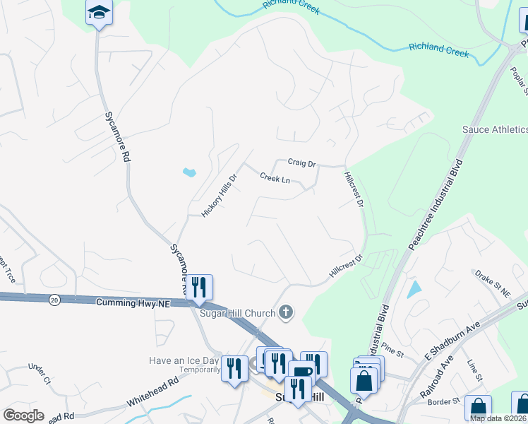 map of restaurants, bars, coffee shops, grocery stores, and more near 5107 Pass Court in Sugar Hill
