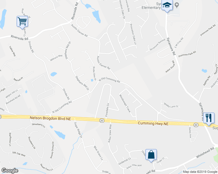 map of restaurants, bars, coffee shops, grocery stores, and more near 5576 Pinedale Circle in Sugar Hill