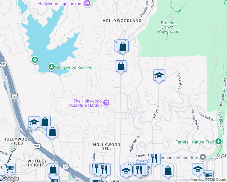 map of restaurants, bars, coffee shops, grocery stores, and more near 2585 Dearborn Drive in Los Angeles