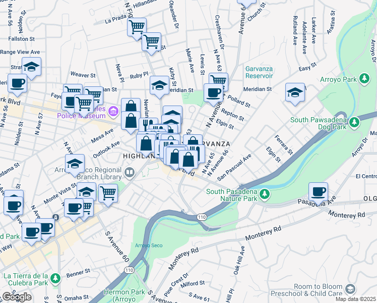map of restaurants, bars, coffee shops, grocery stores, and more near 6317 Garvanza Avenue in Los Angeles