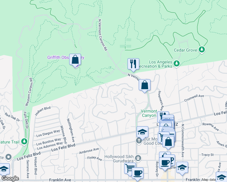 map of restaurants, bars, coffee shops, grocery stores, and more near 4767 Bryn Mawr Road in Los Angeles