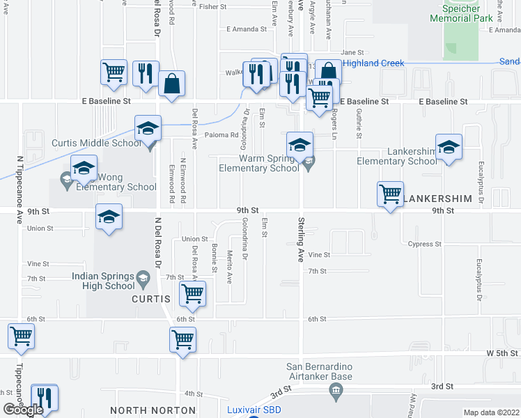 map of restaurants, bars, coffee shops, grocery stores, and more near 25582 9th Street in San Bernardino