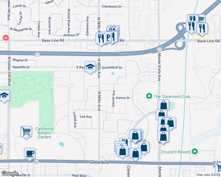 map of restaurants, bars, coffee shops, grocery stores, and more near 582 Clarion Place in Claremont