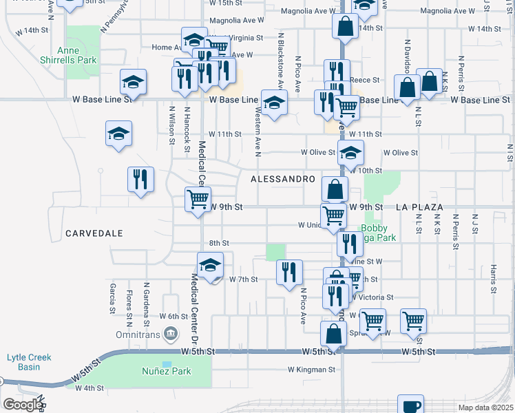map of restaurants, bars, coffee shops, grocery stores, and more near West 9th Street in San Bernardino