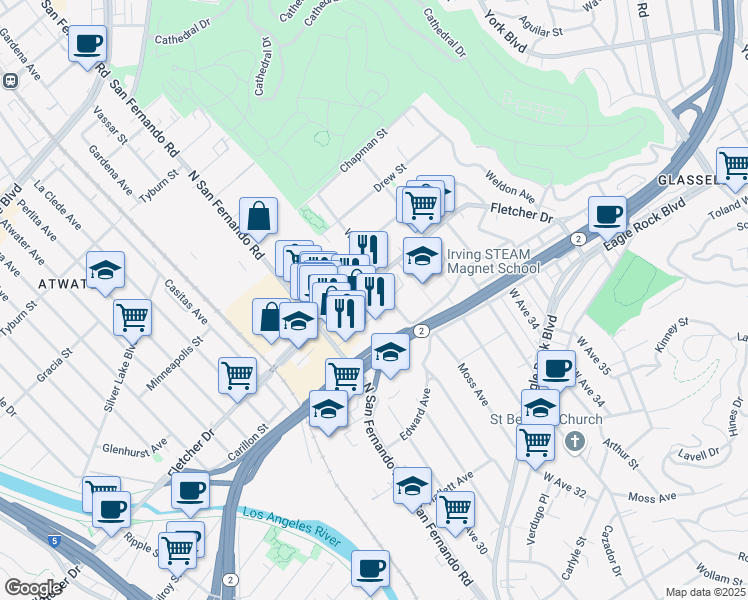 map of restaurants, bars, coffee shops, grocery stores, and more near 3100 Fletcher Drive in Los Angeles