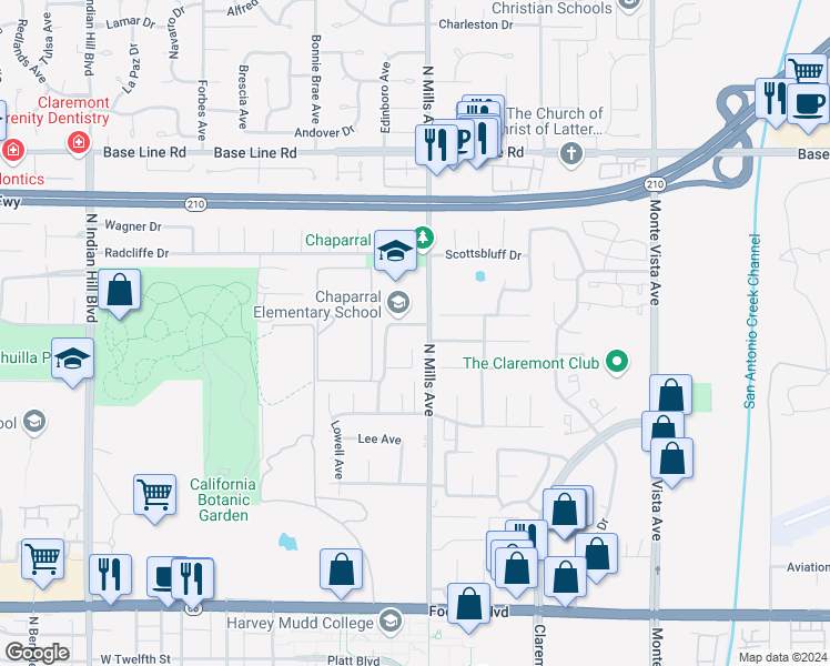 map of restaurants, bars, coffee shops, grocery stores, and more near 569 Black Hills Drive in Claremont