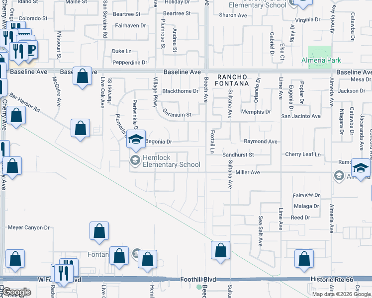 map of restaurants, bars, coffee shops, grocery stores, and more near 15220 Dandelion Lane in Fontana