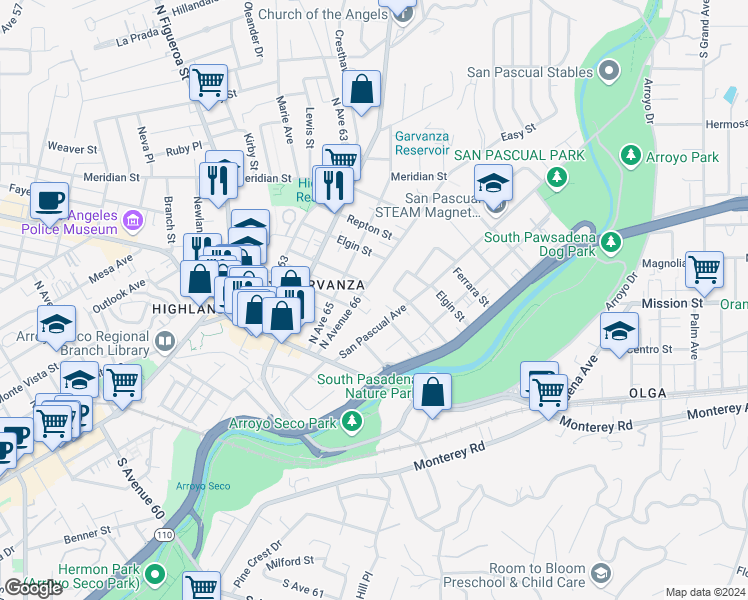 map of restaurants, bars, coffee shops, grocery stores, and more near 322 North Avenue 66 in Los Angeles