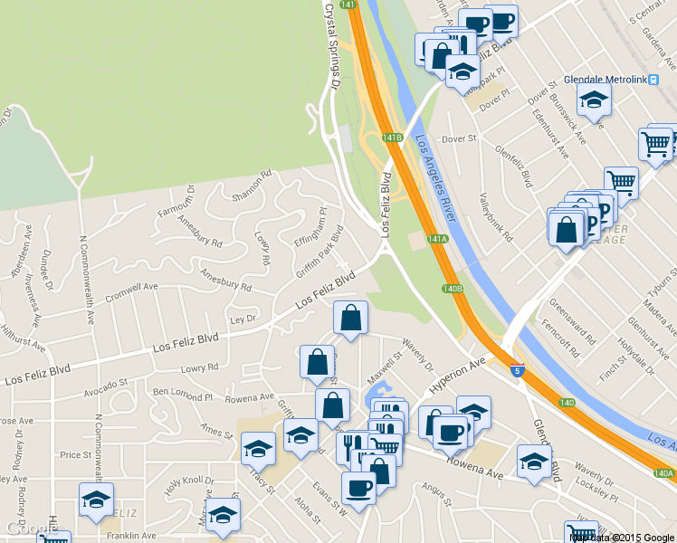 map of restaurants, bars, coffee shops, grocery stores, and more near 3400 Huxley Street in Los Angeles