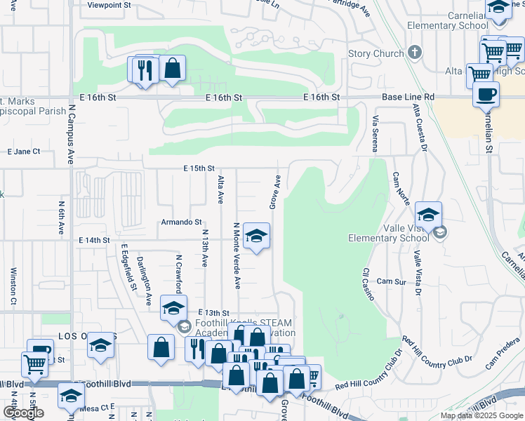 map of restaurants, bars, coffee shops, grocery stores, and more near 1463 Hildita Court in Upland