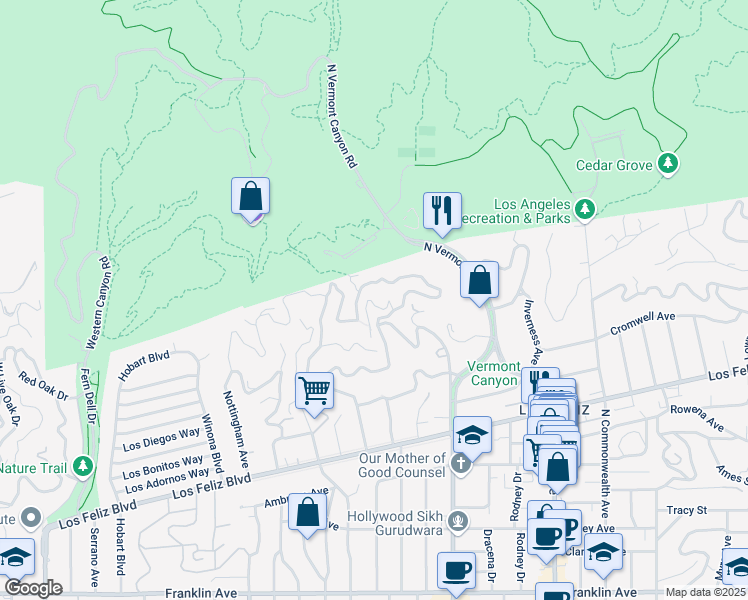 map of restaurants, bars, coffee shops, grocery stores, and more near 4767 Bryn Mawr Road in Los Angeles