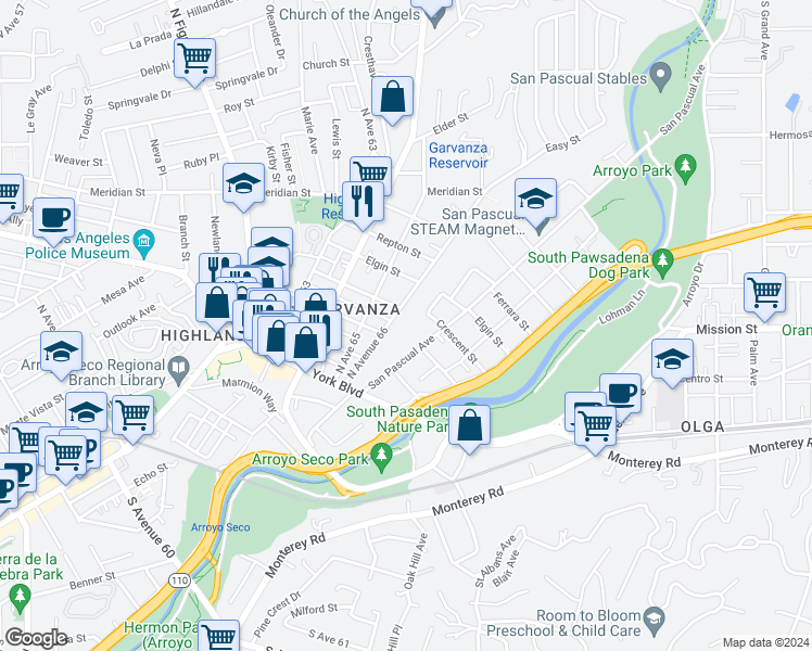 map of restaurants, bars, coffee shops, grocery stores, and more near 322 North Avenue 66 in Los Angeles