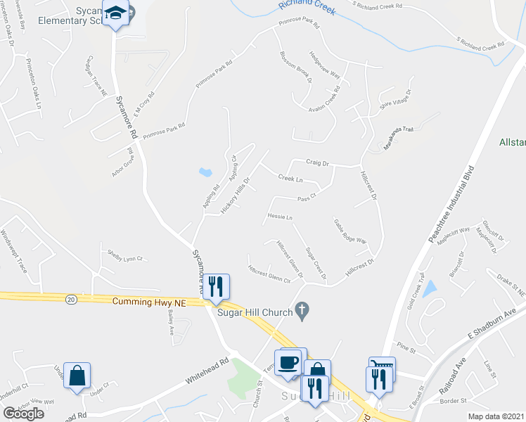 map of restaurants, bars, coffee shops, grocery stores, and more near 5096 Pass Court in Sugar Hill