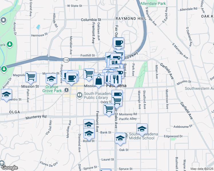map of restaurants, bars, coffee shops, grocery stores, and more near Mission Street in South Pasadena