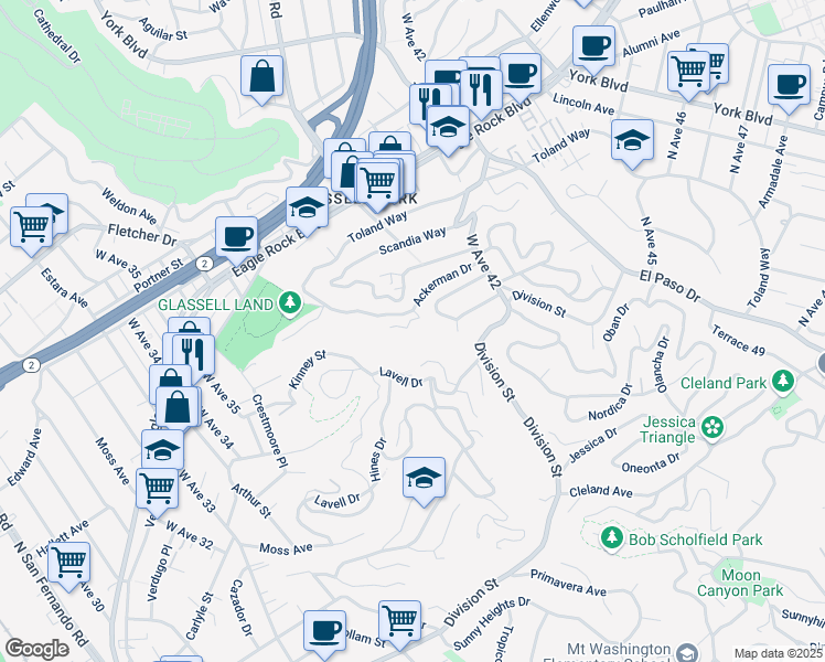 map of restaurants, bars, coffee shops, grocery stores, and more near 3833 Inglis Drive in Los Angeles