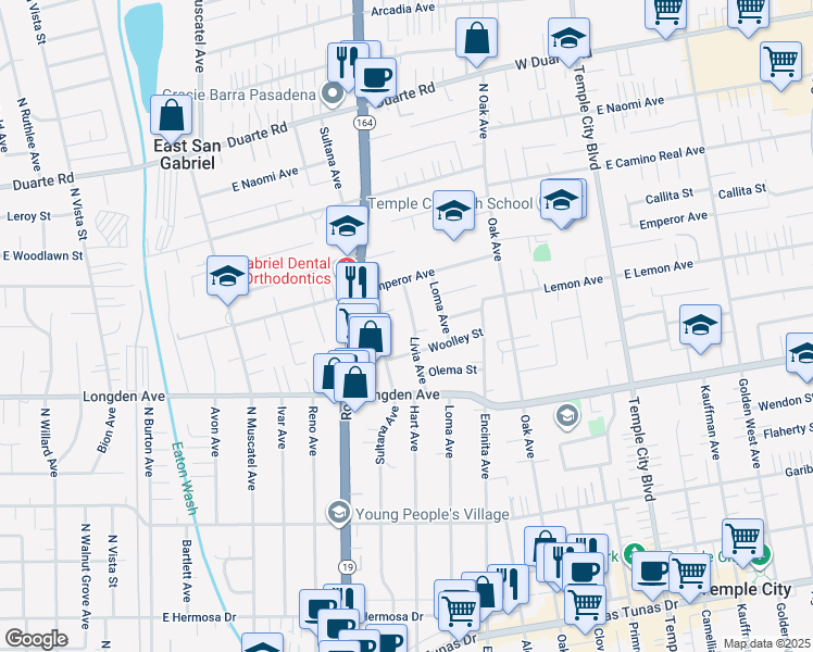 map of restaurants, bars, coffee shops, grocery stores, and more near 6433 Livia Avenue in Temple City