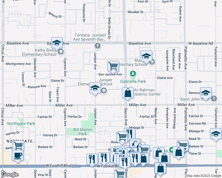map of restaurants, bars, coffee shops, grocery stores, and more near 16802 Ramona Avenue in Fontana
