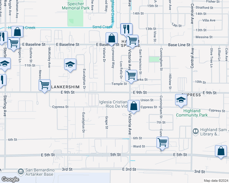 map of restaurants, bars, coffee shops, grocery stores, and more near 26408 East 9th Street in Highland