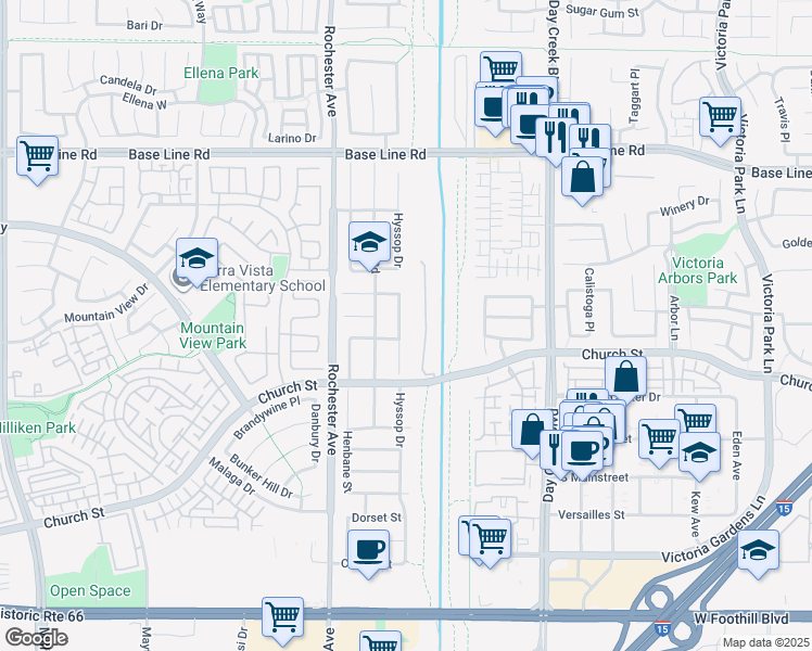 map of restaurants, bars, coffee shops, grocery stores, and more near 7578 Hyssop Drive in Rancho Cucamonga
