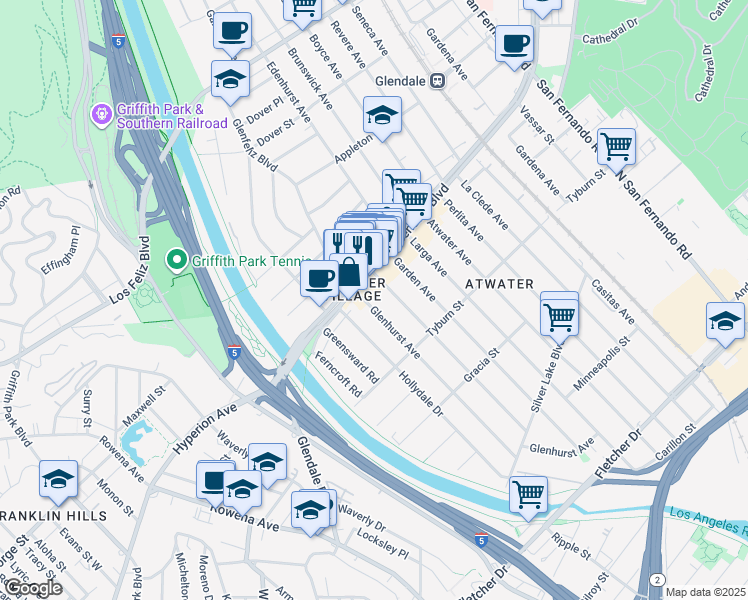 map of restaurants, bars, coffee shops, grocery stores, and more near 3522 Madera Avenue in Los Angeles