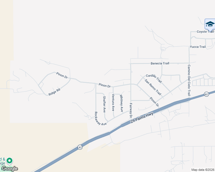map of restaurants, bars, coffee shops, grocery stores, and more near Pinon Drive in Yucca Valley