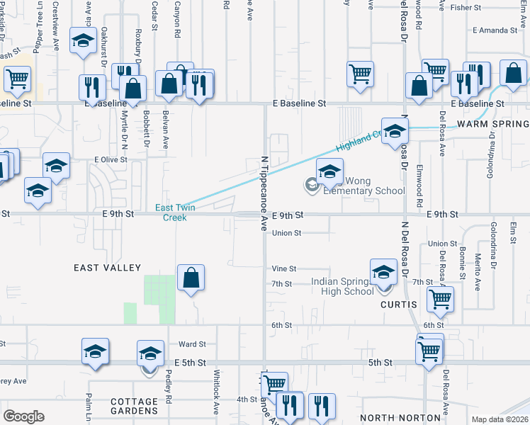map of restaurants, bars, coffee shops, grocery stores, and more near 9th Street & North Tippecanoe Avenue in Highland