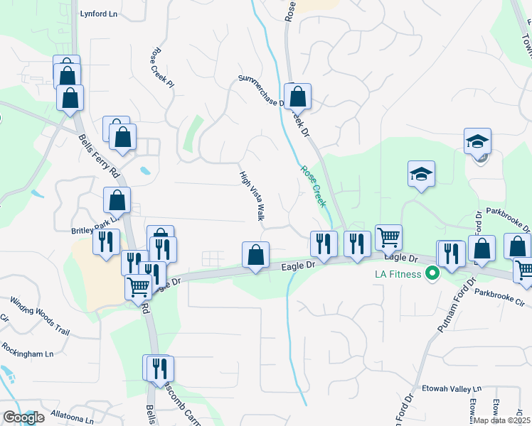 map of restaurants, bars, coffee shops, grocery stores, and more near 3004 High Vista Walk in Woodstock