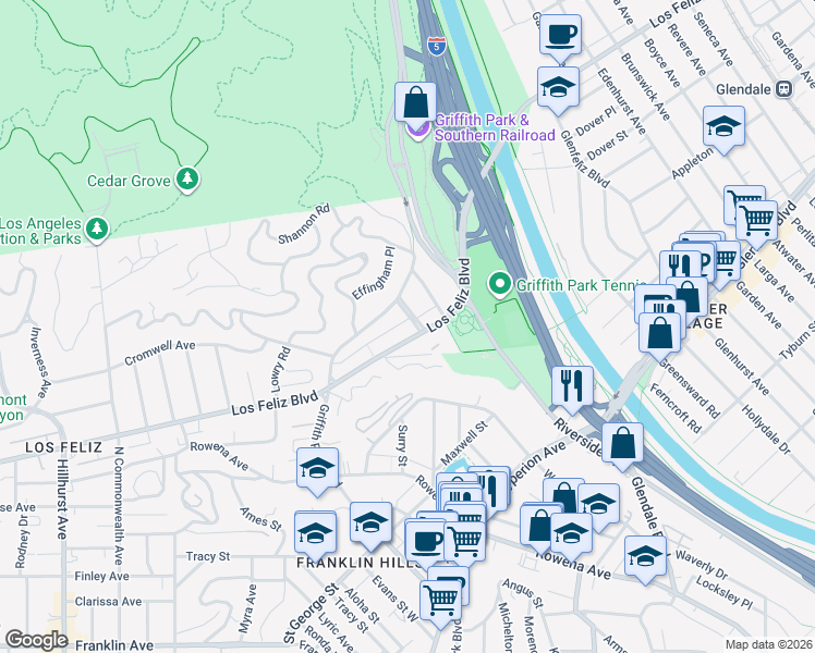 map of restaurants, bars, coffee shops, grocery stores, and more near 3407 Huxley Street in Los Angeles