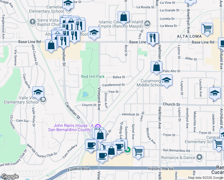 map of restaurants, bars, coffee shops, grocery stores, and more near 8976 Yew Street in Rancho Cucamonga