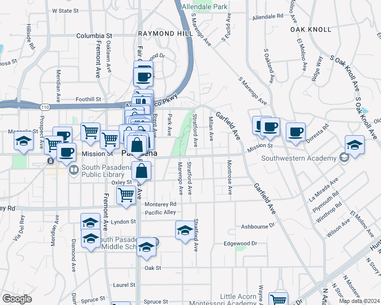 map of restaurants, bars, coffee shops, grocery stores, and more near 1818 Mission Street in South Pasadena