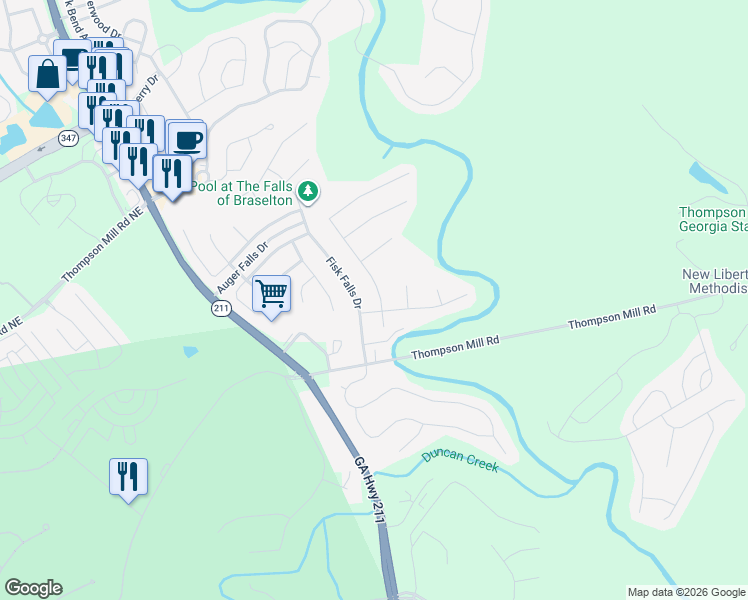 map of restaurants, bars, coffee shops, grocery stores, and more near 2512 Olney Falls Dr in Braselton