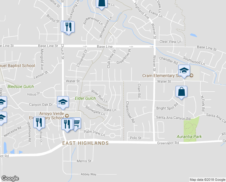 map of restaurants, bars, coffee shops, grocery stores, and more near 7580 Sweetwater Lane in Highland