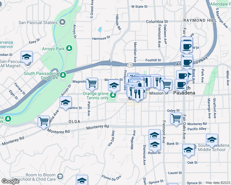 map of restaurants, bars, coffee shops, grocery stores, and more near 806 Mission Street in South Pasadena