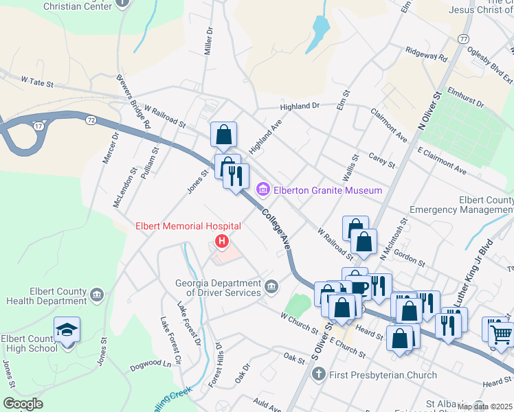 map of restaurants, bars, coffee shops, grocery stores, and more near 50 Laurel Drive in Elberton