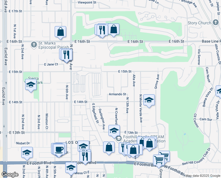 map of restaurants, bars, coffee shops, grocery stores, and more near 1184 Arturo Street in Upland