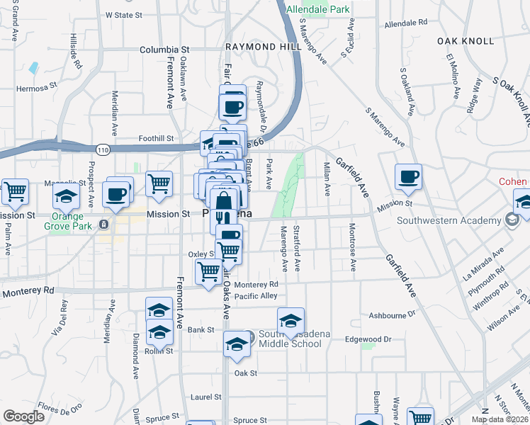 map of restaurants, bars, coffee shops, grocery stores, and more near 1720 Mission Street in South Pasadena