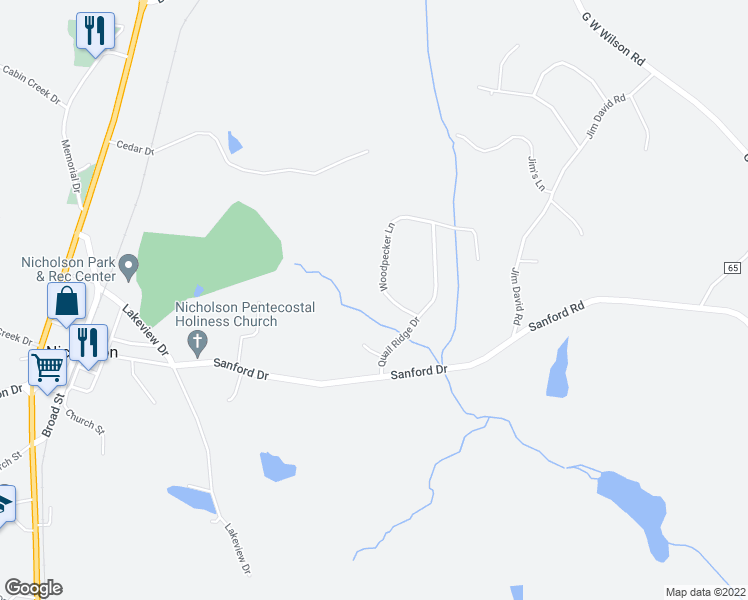 map of restaurants, bars, coffee shops, grocery stores, and more near 101 Woodpecker Lane in Nicholson