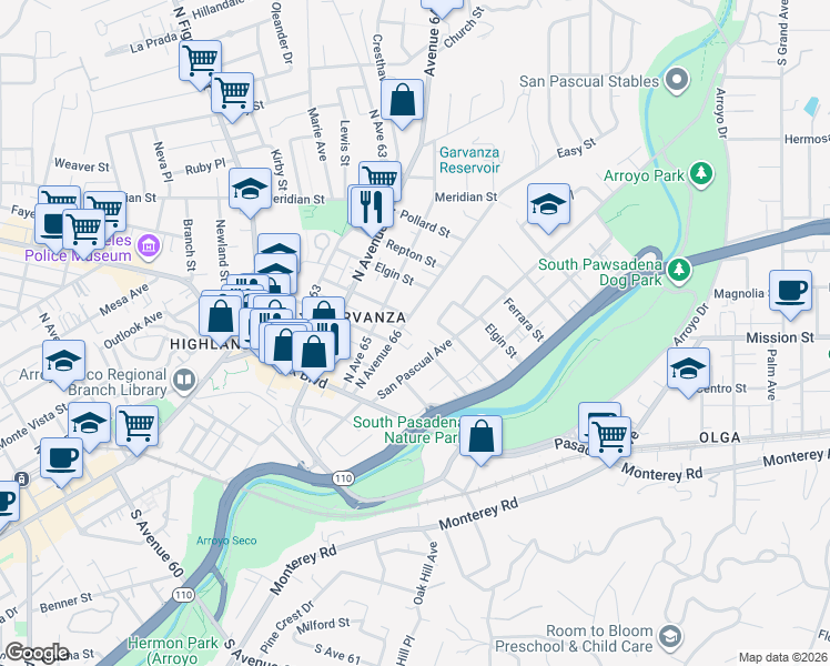 map of restaurants, bars, coffee shops, grocery stores, and more near 322 North Avenue 66 in Los Angeles