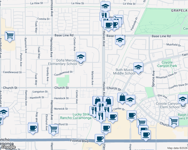 map of restaurants, bars, coffee shops, grocery stores, and more near 10431 Candlewood Street in Rancho Cucamonga