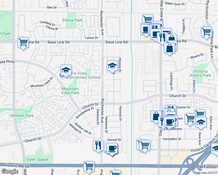 map of restaurants, bars, coffee shops, grocery stores, and more near 11945 Fennel Court in Rancho Cucamonga