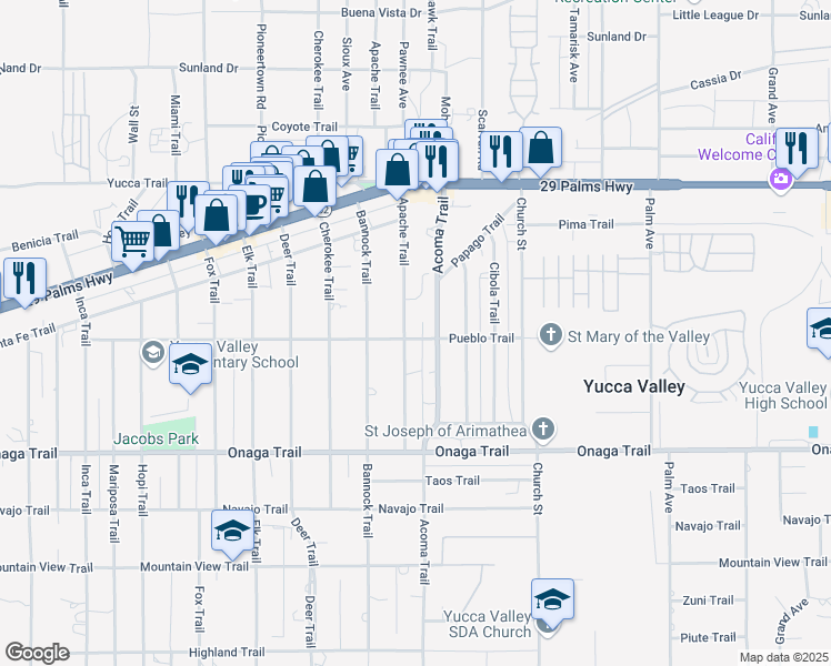 map of restaurants, bars, coffee shops, grocery stores, and more near 7493 Apache Trail in Yucca Valley