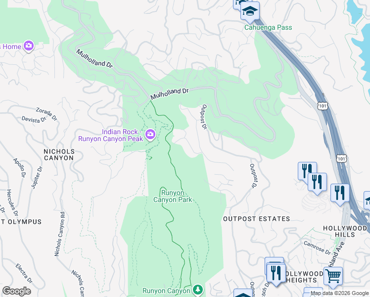 map of restaurants, bars, coffee shops, grocery stores, and more near 2641 Larmar Road in Los Angeles