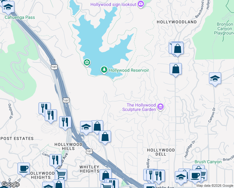 map of restaurants, bars, coffee shops, grocery stores, and more near 6447 Weidlake Drive in Los Angeles