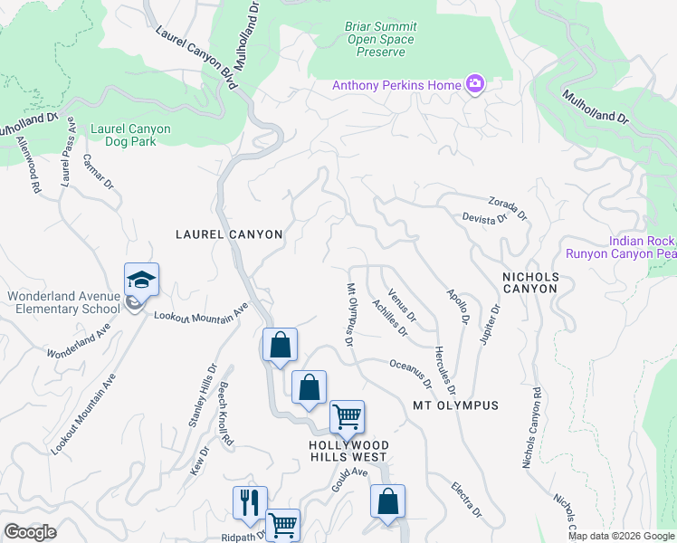 map of restaurants, bars, coffee shops, grocery stores, and more near 2481 Hercules Drive in Los Angeles
